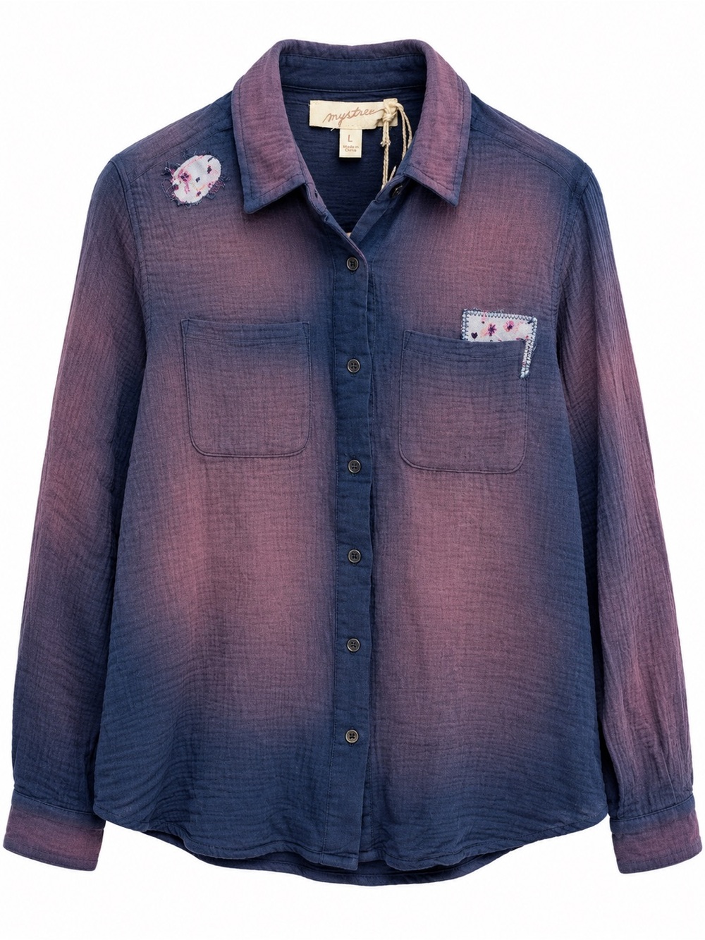 NWT Mystree Women's Washed Blue Purple Crinkle Button Down Shirt